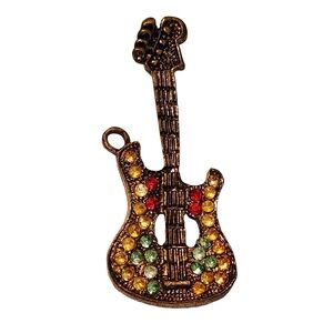 Colorful Rhinestones Bronze Electric Guitar Necklace Pendant 3.5"